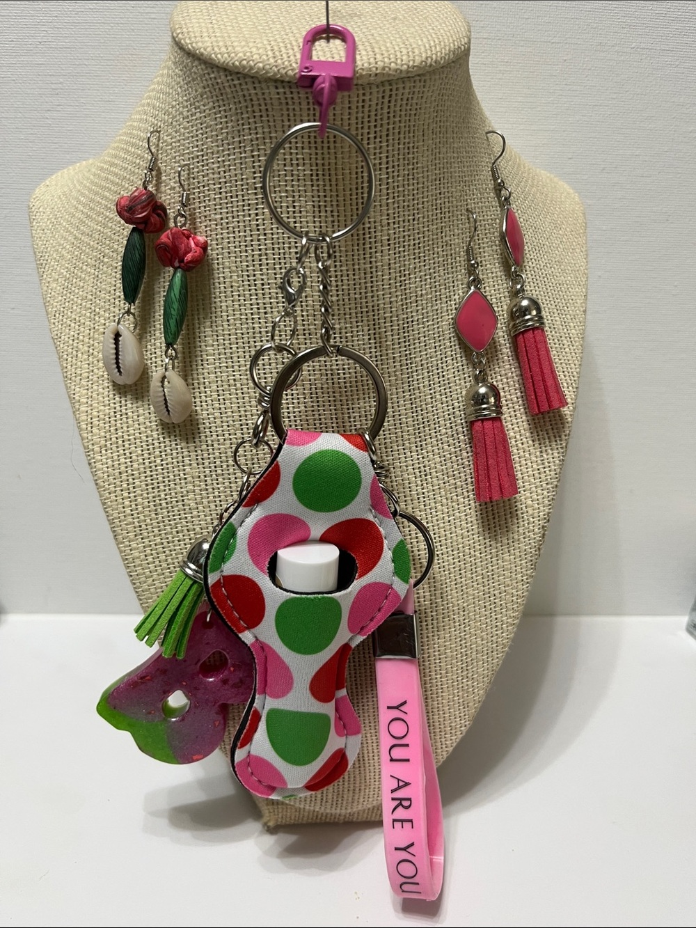Polka Dot Lip Balm Detachable Keychain Holder Pink Green Wristlet 2 pr Earrings